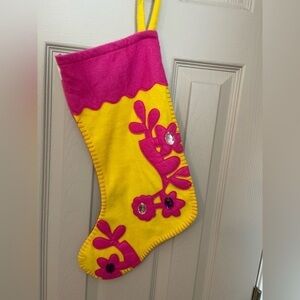 Old Navy Y2K yellow & pink floral & striped Christmas stocking.